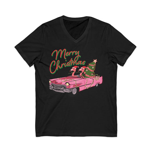 Flamingo Christmas Shirt - Tropical Retro Car Holiday Party Tee — V-Neck
