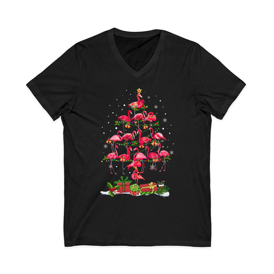 Flamingo Christmas Tree Shirt - Tropical Holiday Snowflake Design — V-Neck