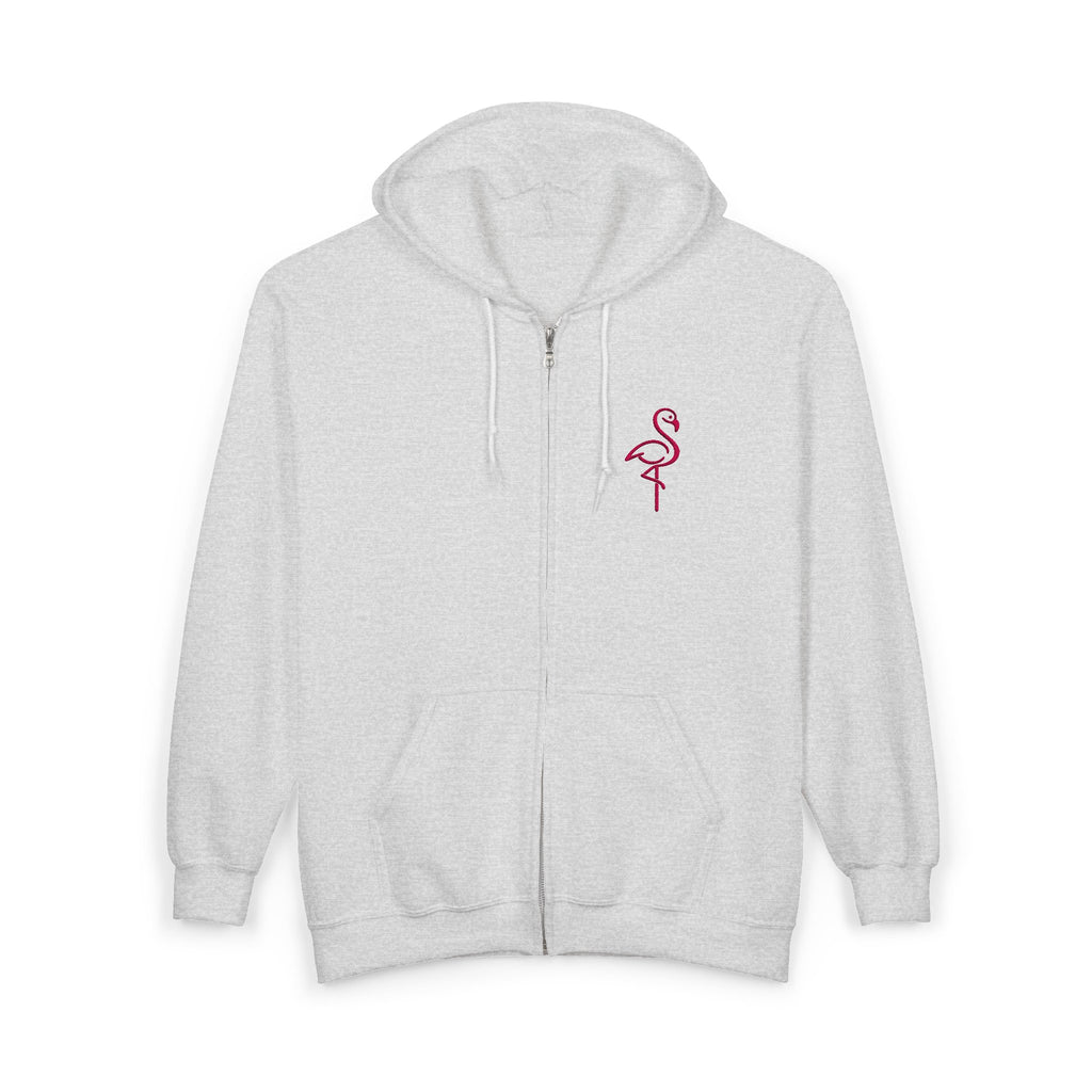 Flamingo Chest Zip Hoodie — Minimal Pink Flamingo Embroidered Zip-Up
