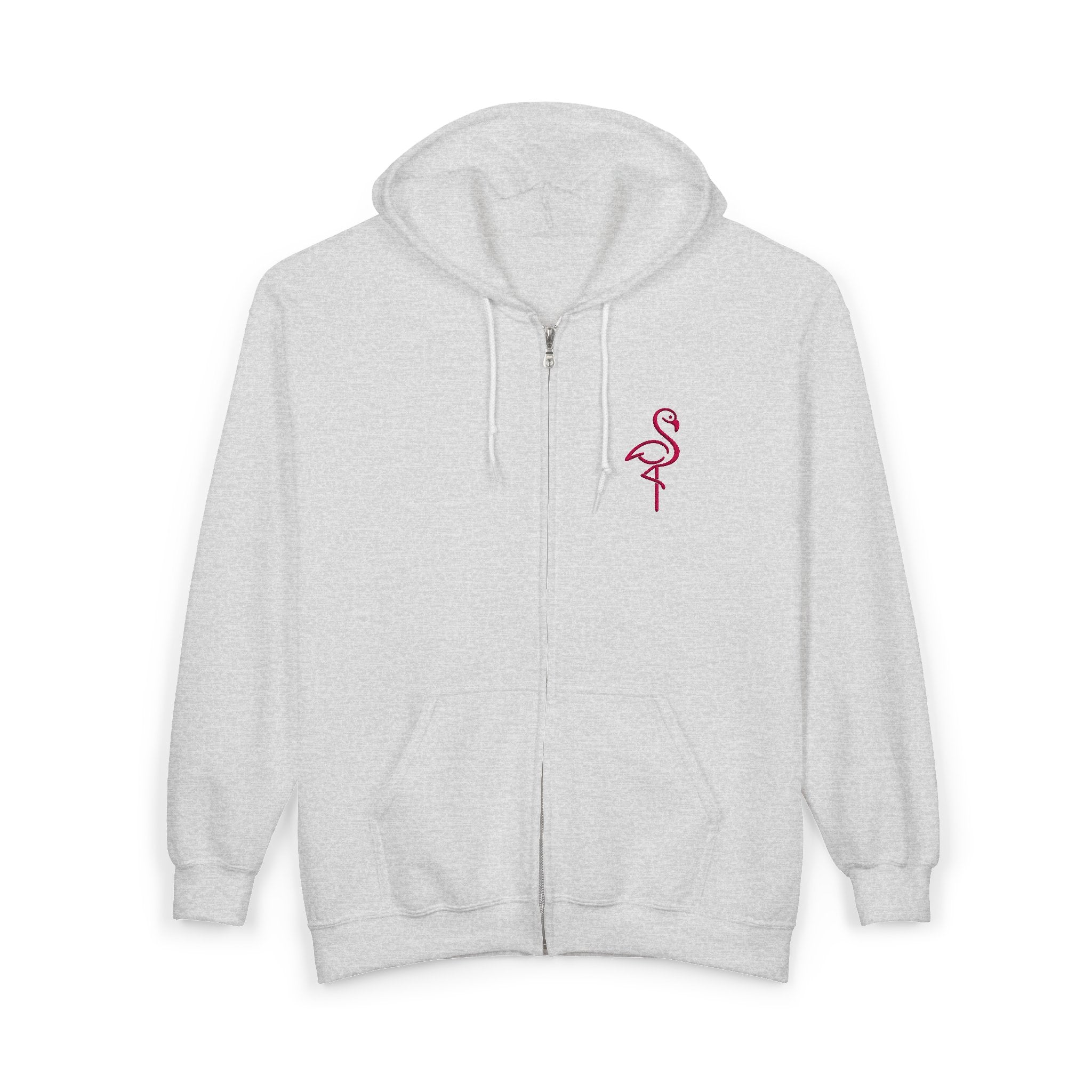 Flamingo Chest Zip Hoodie — Minimal Pink Flamingo Embroidered Zip-Up