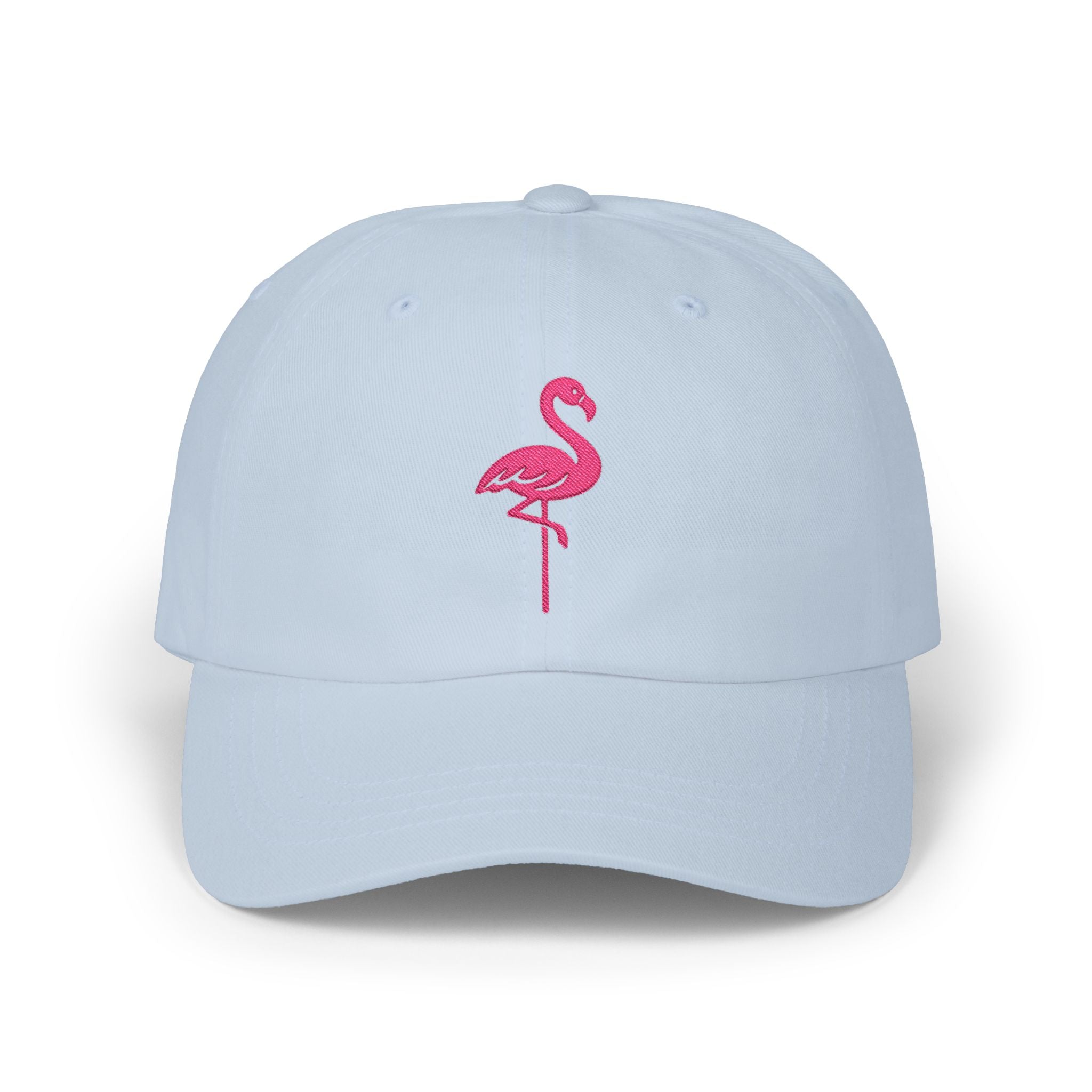 Flamingo Embroidered Dad Cap — White Baseball Hat with Pink Flamingo