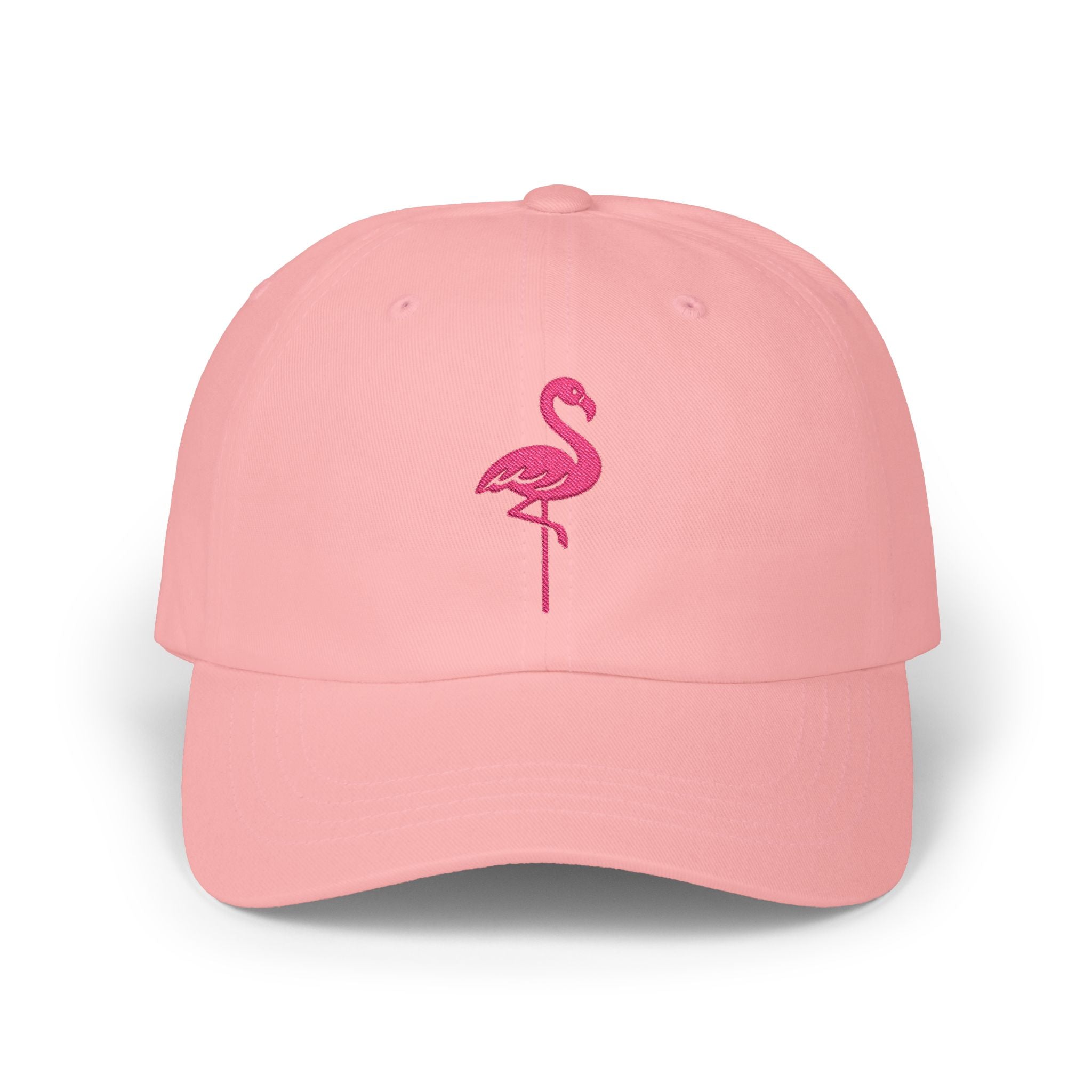 Flamingo Embroidered Dad Cap — White Baseball Hat with Pink Flamingo