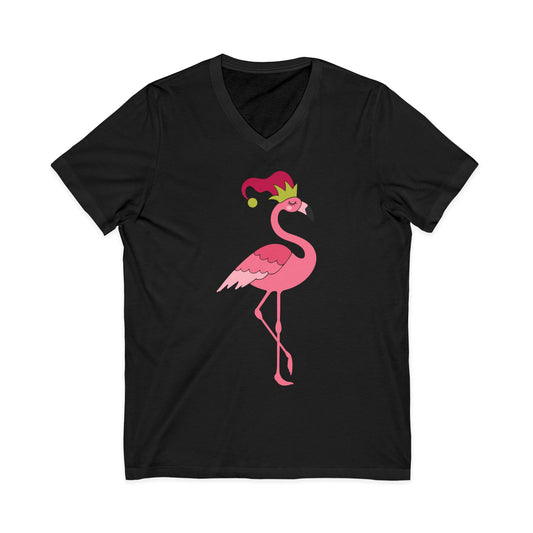 Whimsical Christmas Flamingo Shirt - Tropical Holiday Beach Design — V-Neck
