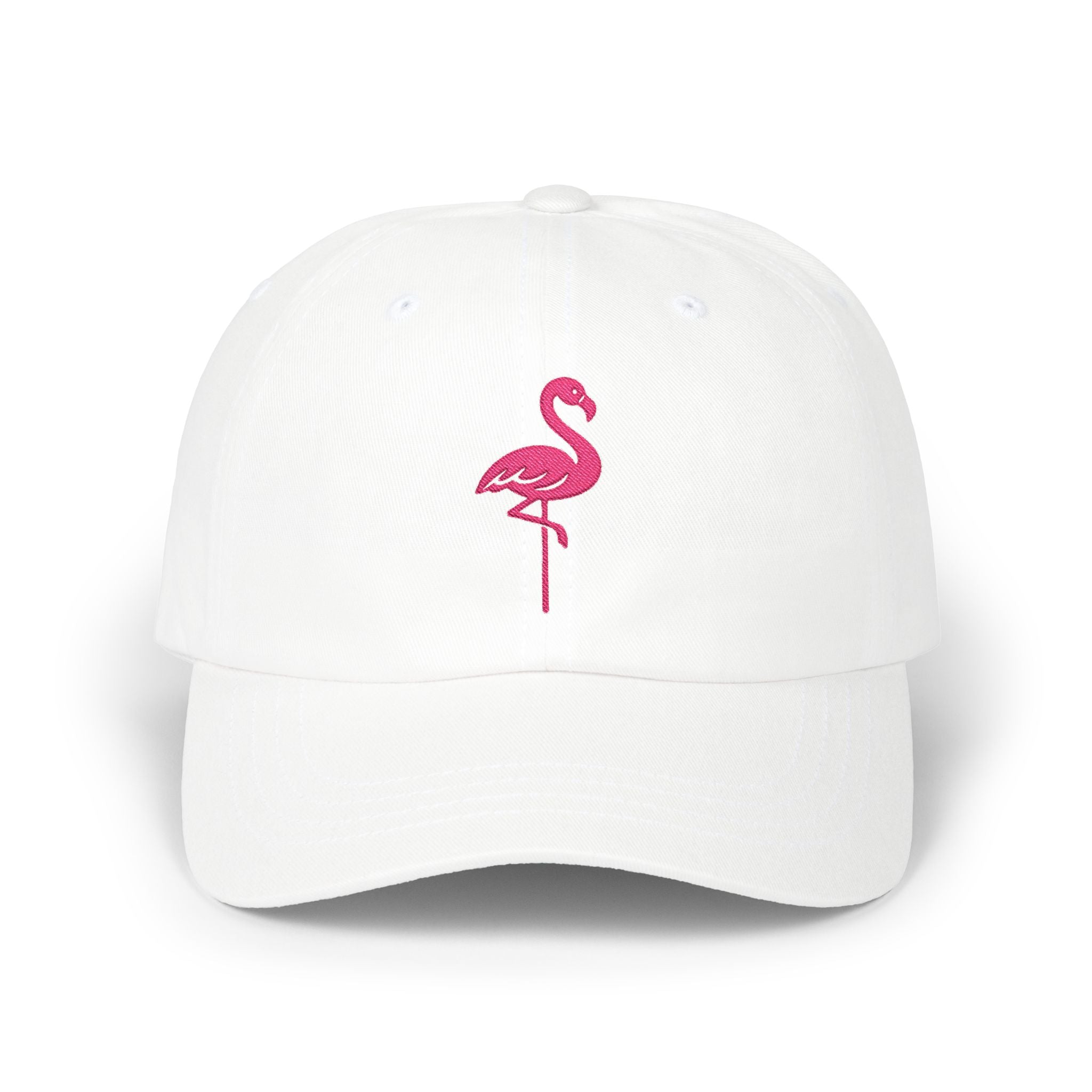 Flamingo Embroidered Dad Cap — White Baseball Hat with Pink Flamingo