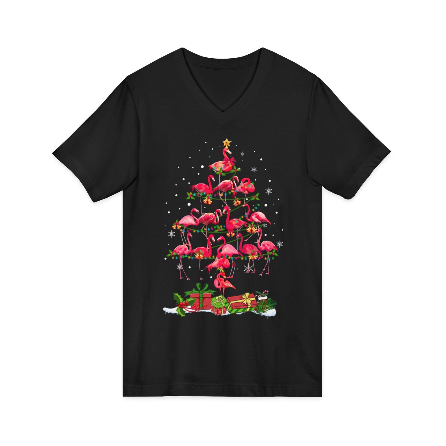 Flamingo Christmas Tree Shirt - Tropical Holiday Snowflake Design — V-Neck