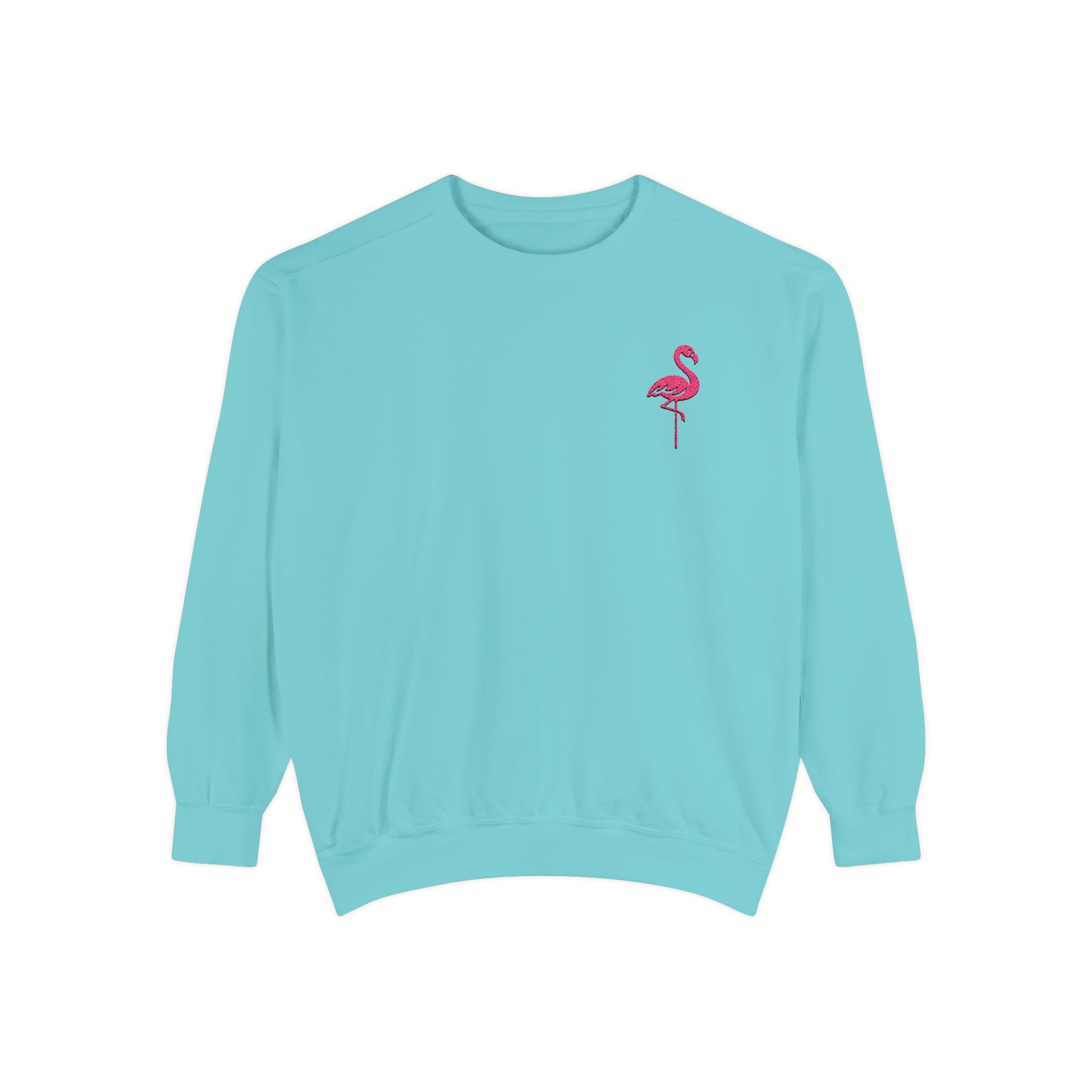 Flamingo Crewneck Sweatshirt — Small Embroidered Pink Flamingo on Aqua