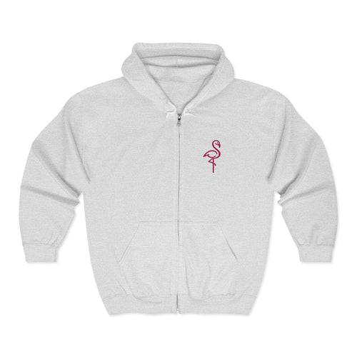 Flamingo Chest Zip Hoodie — Minimal Pink Flamingo Embroidered Zip-Up