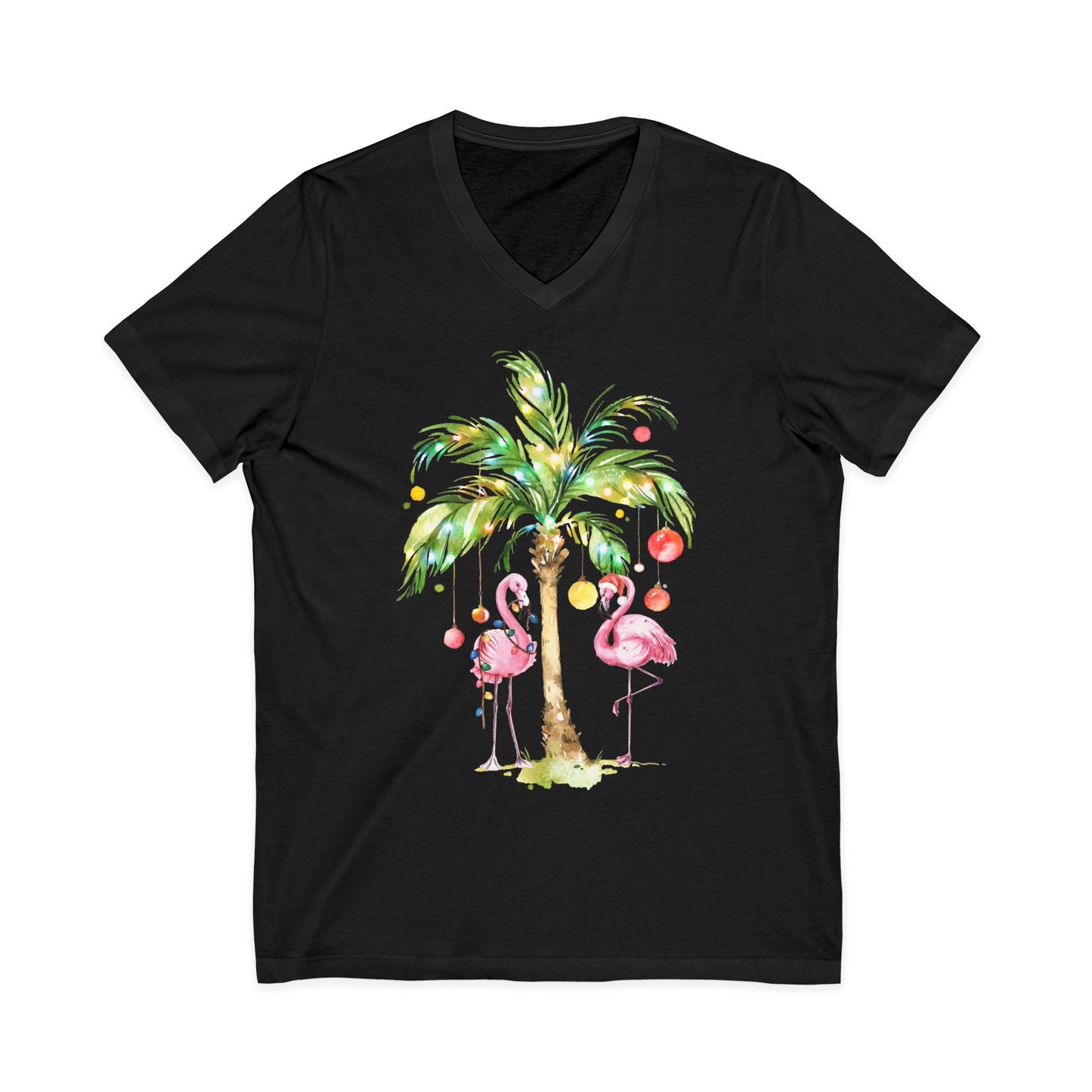 Flamingo Christmas Shirt - Tropical Palm Tree Lights Watercolor Tee — V-Neck