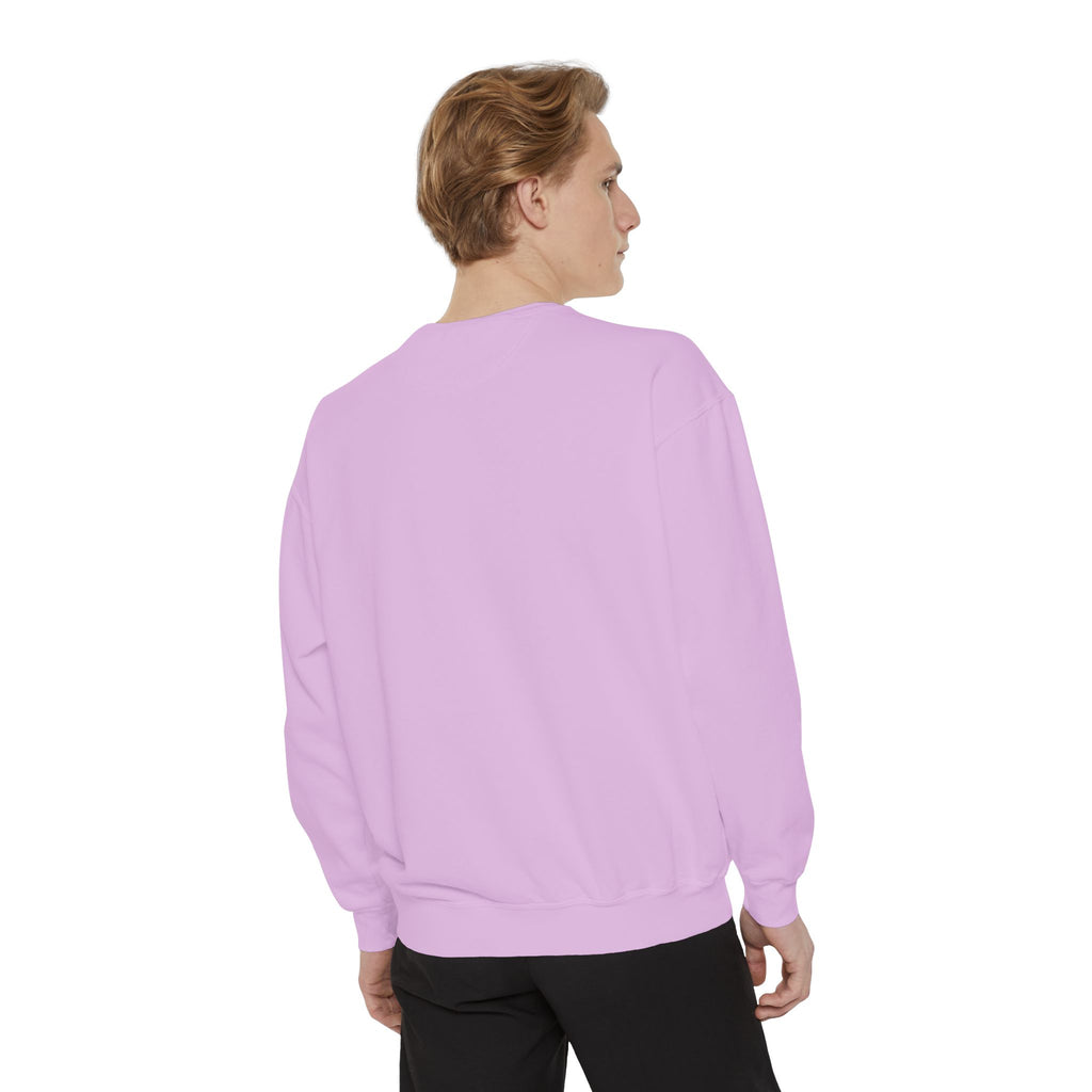 Flamingo Crewneck Sweatshirt — Small Embroidered Pink Flamingo on Aqua