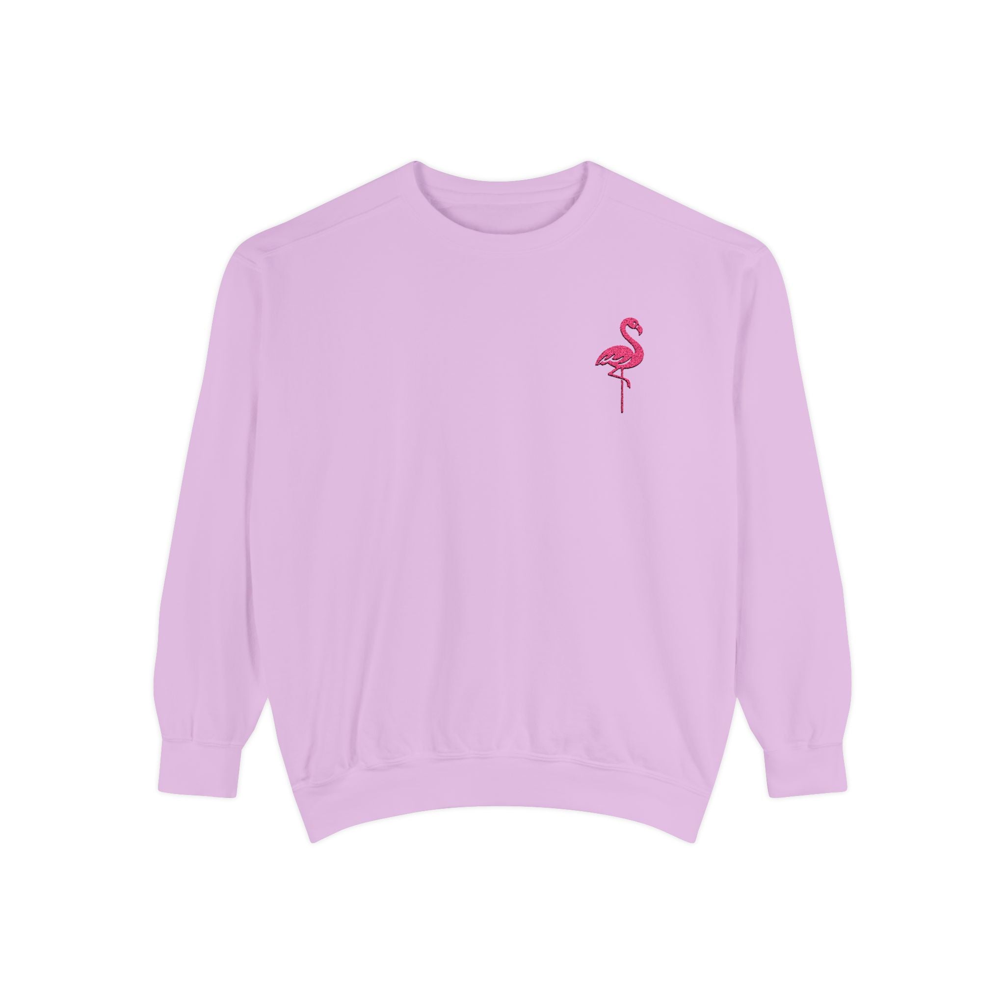 Flamingo Crewneck Sweatshirt — Small Embroidered Pink Flamingo on Aqua