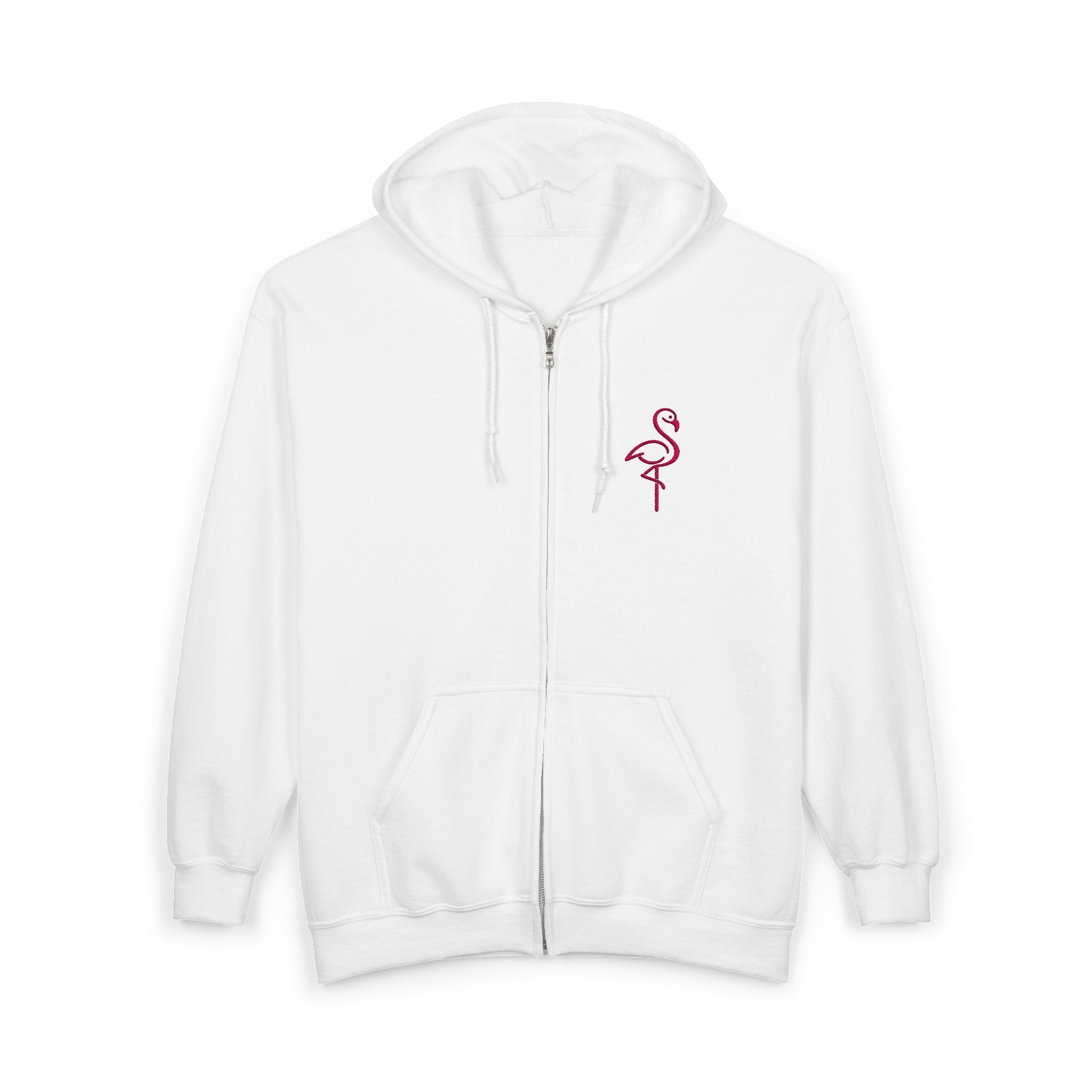 Flamingo Chest Zip Hoodie — Minimal Pink Flamingo Embroidered Zip-Up