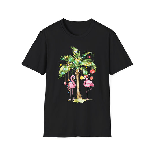 Flamingo Christmas Shirt - Tropical Palm Tree Lights Watercolor Tee — T-Shirt