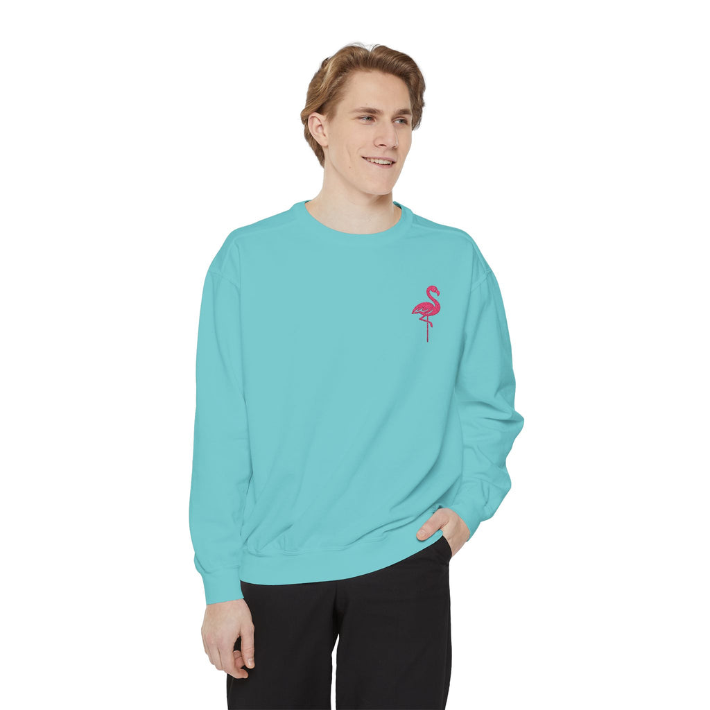 Flamingo Crewneck Sweatshirt — Small Embroidered Pink Flamingo on Aqua