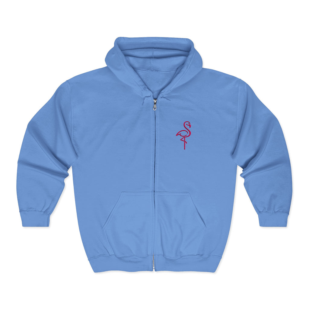 Flamingo Chest Zip Hoodie — Minimal Pink Flamingo Embroidered Zip-Up