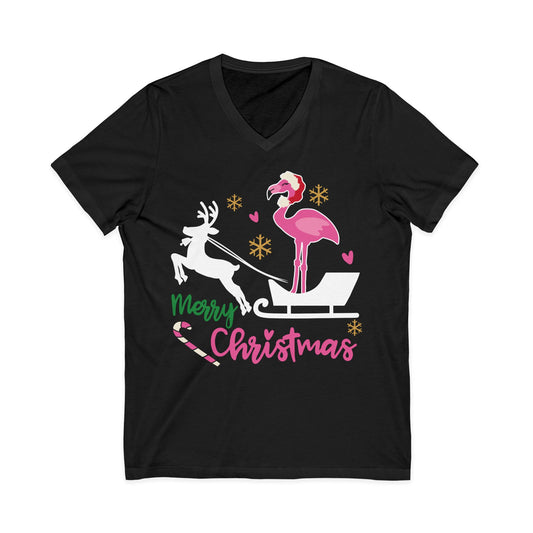 Flamingo and Reindeer Tropical Christmas Shirt - Whimsical Holiday Tee — V-Neck