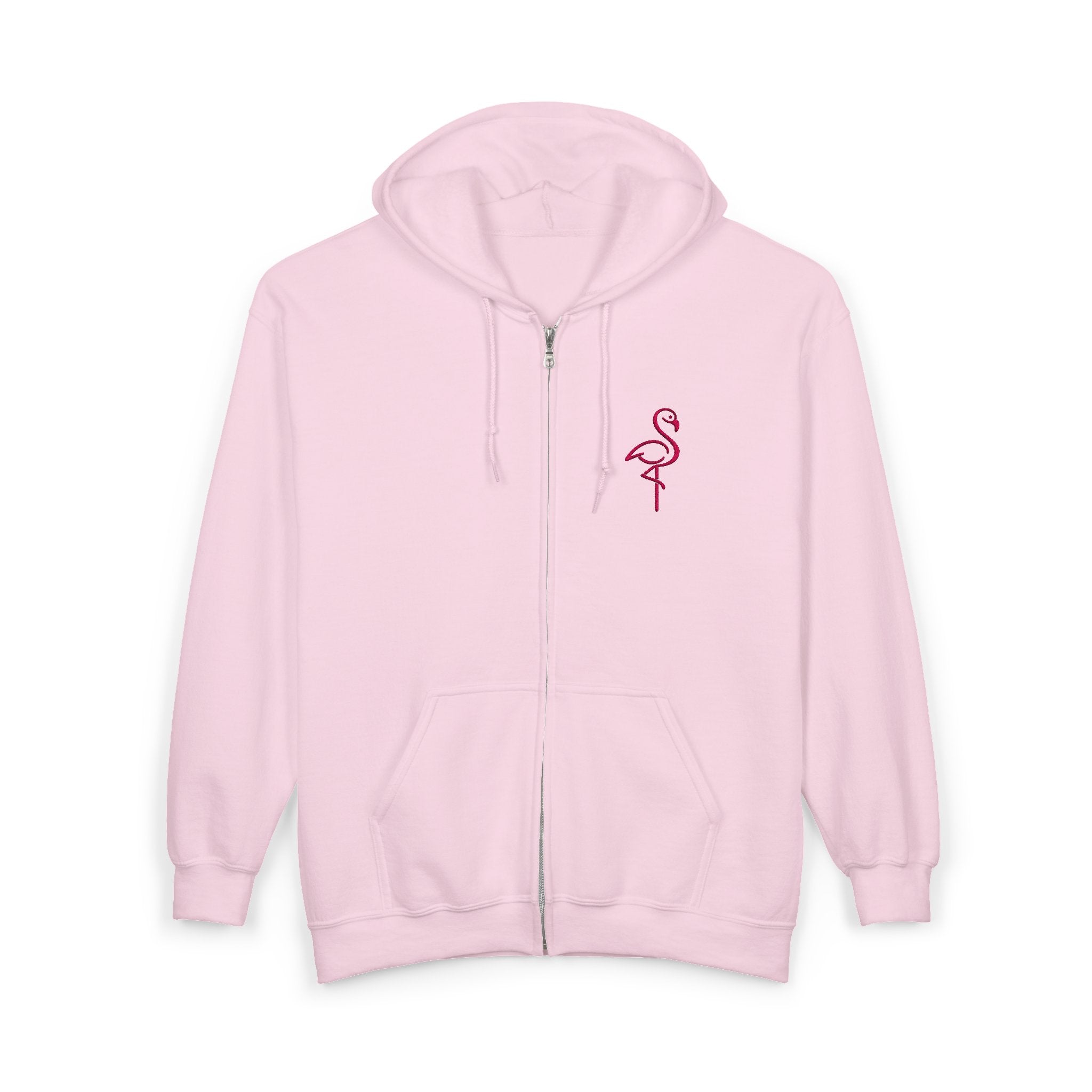 Flamingo Chest Zip Hoodie — Minimal Pink Flamingo Embroidered Zip-Up