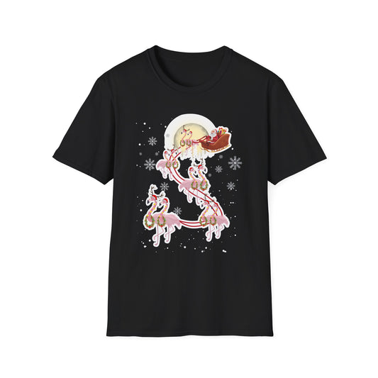 Flamingo Santa Sleigh Tropical Christmas Shirt With Winter Moon — T-Shirt