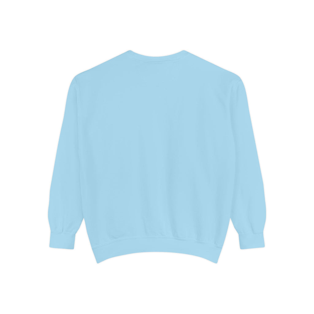Flamingo Crewneck Sweatshirt — Small Embroidered Pink Flamingo on Aqua