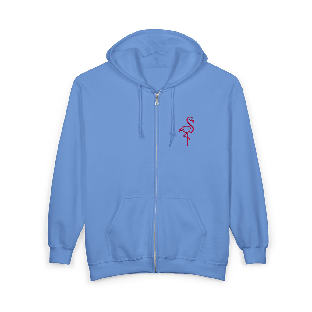 Flamingo Chest Zip Hoodie — Minimal Pink Flamingo Embroidered Zip-Up