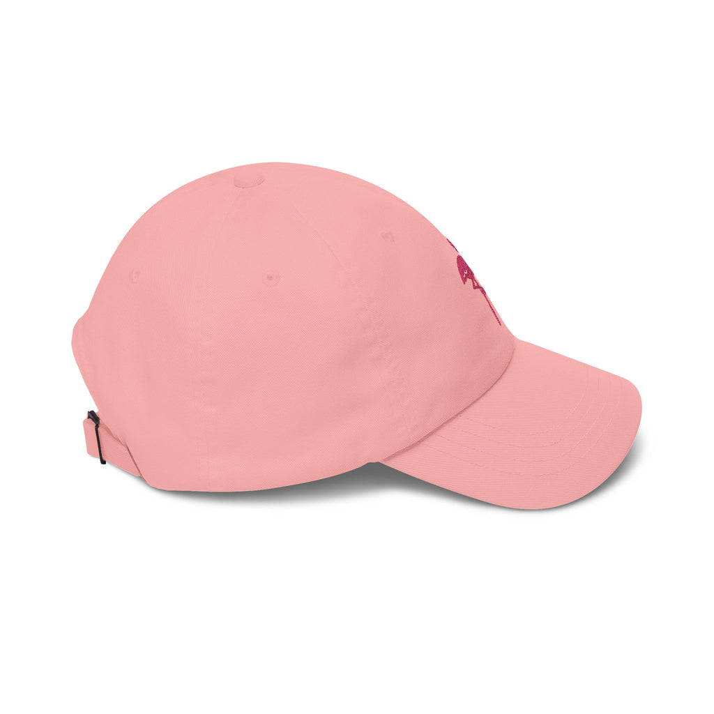 Flamingo Embroidered Dad Cap — White Baseball Hat with Pink Flamingo