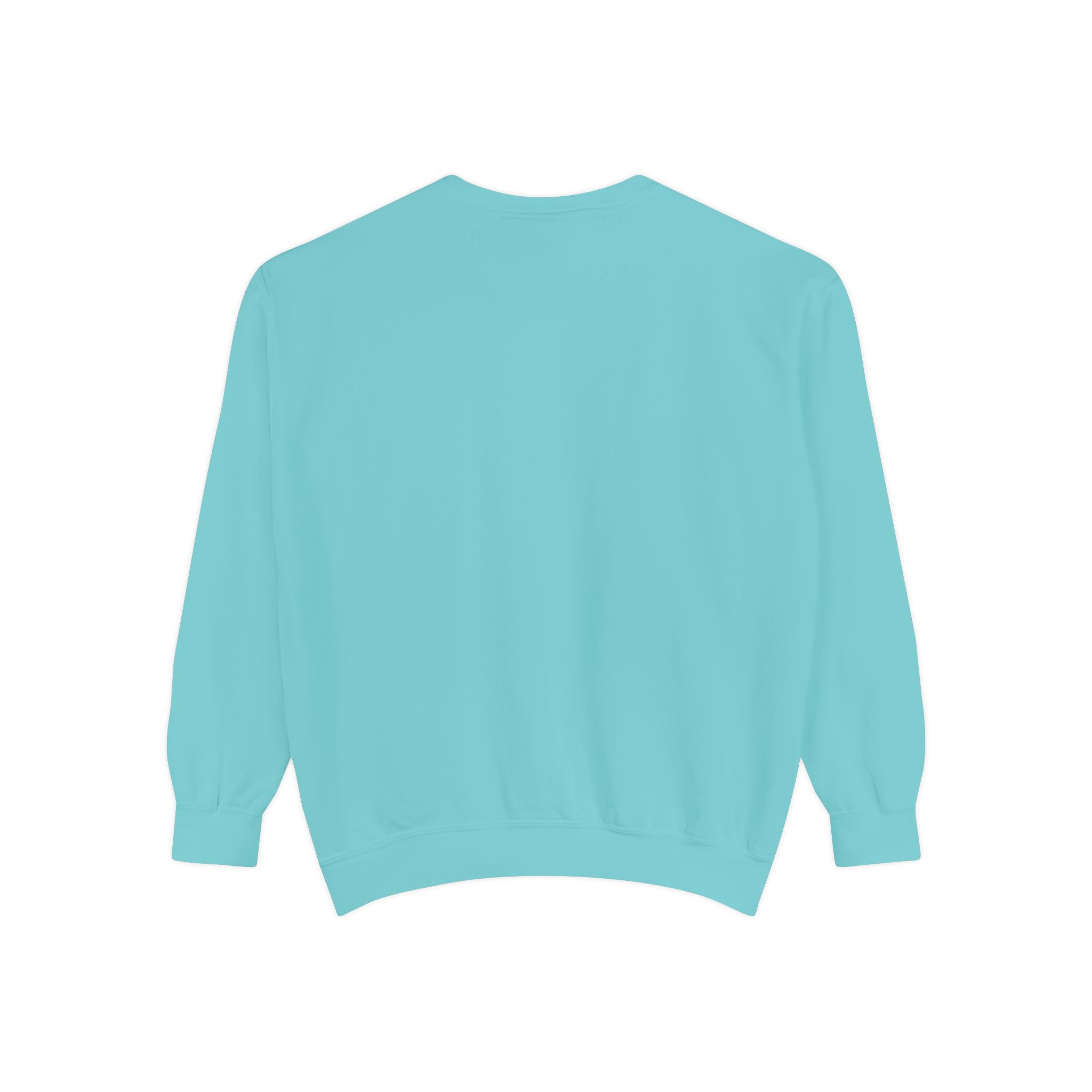 Flamingo Crewneck Sweatshirt — Small Embroidered Pink Flamingo on Aqua