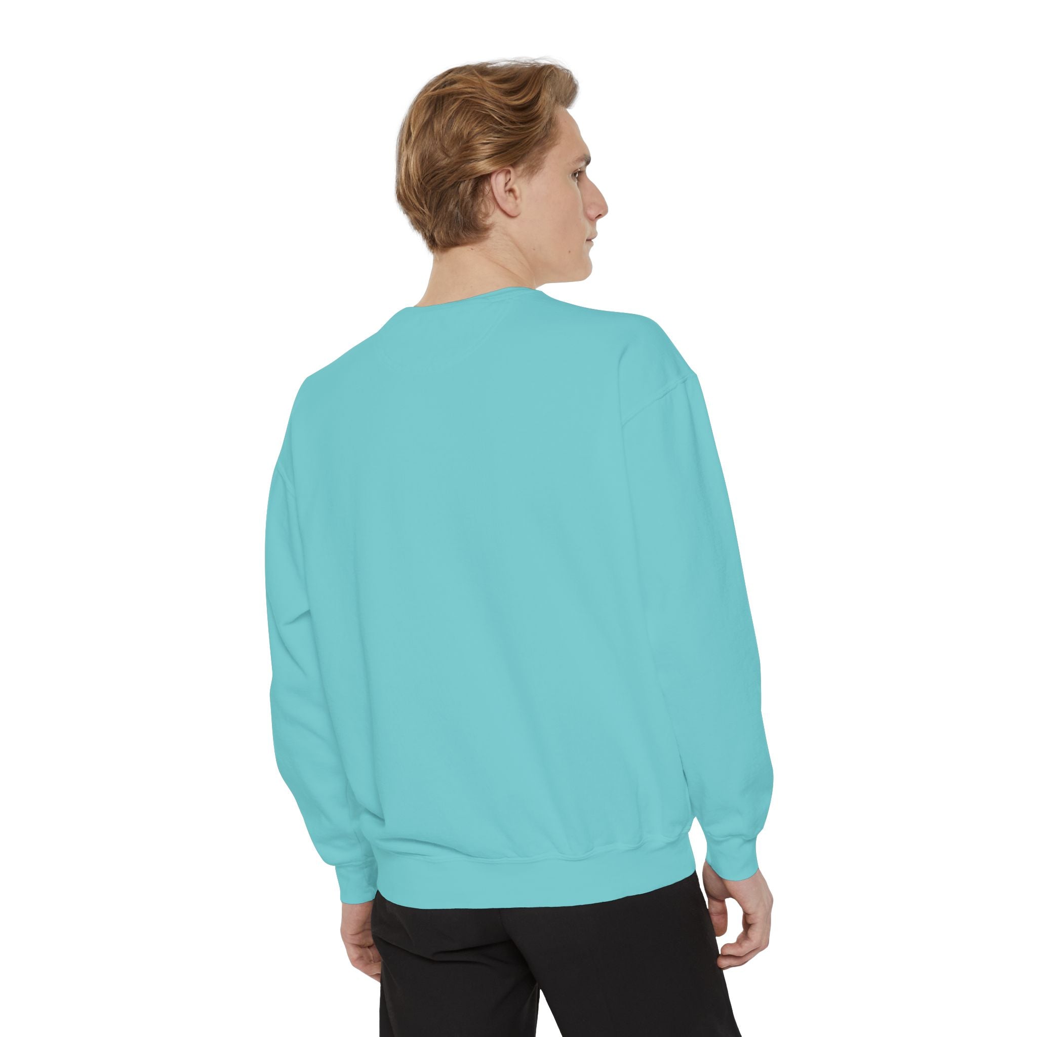 Flamingo Crewneck Sweatshirt — Small Embroidered Pink Flamingo on Aqua