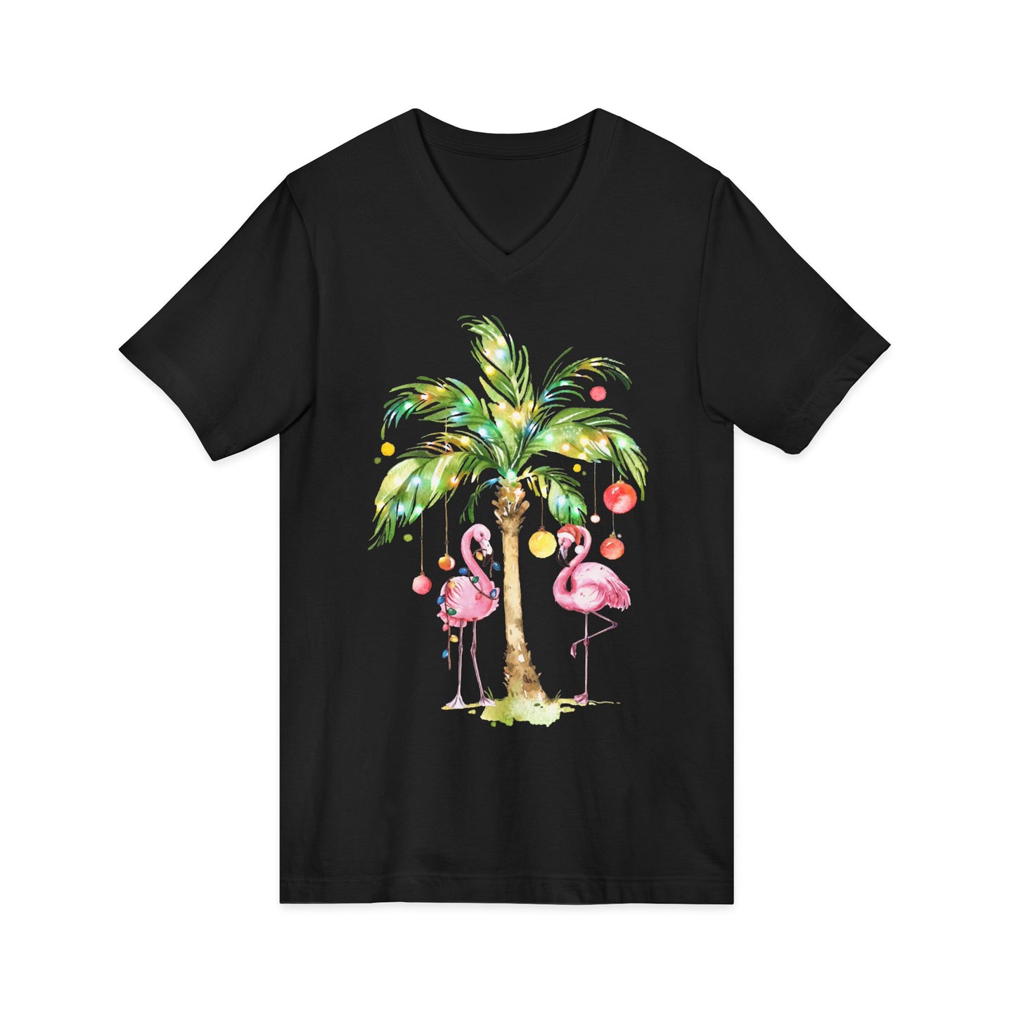 Flamingo Christmas Shirt - Tropical Palm Tree Lights Watercolor Tee — V-Neck