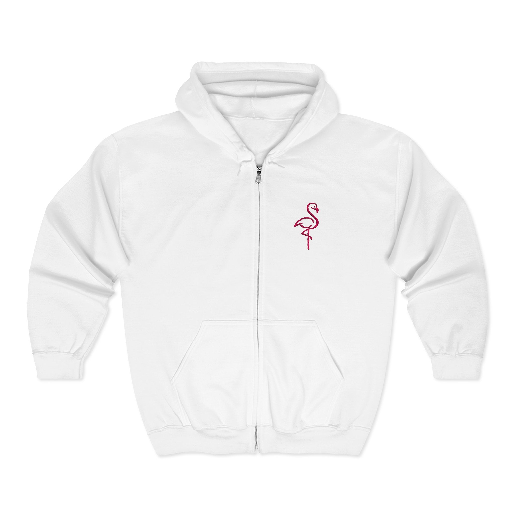 Flamingo Chest Zip Hoodie — Minimal Pink Flamingo Embroidered Zip-Up