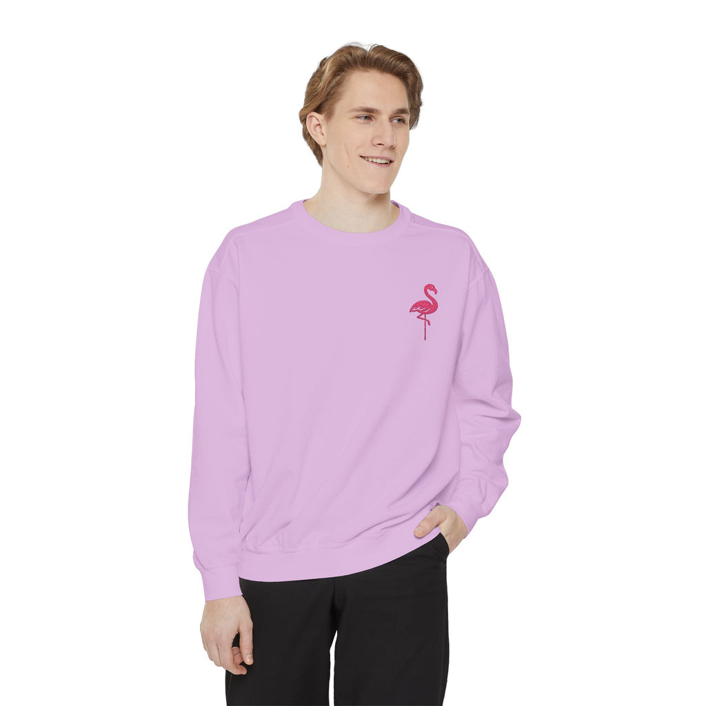 Flamingo Crewneck Sweatshirt — Small Embroidered Pink Flamingo on Aqua