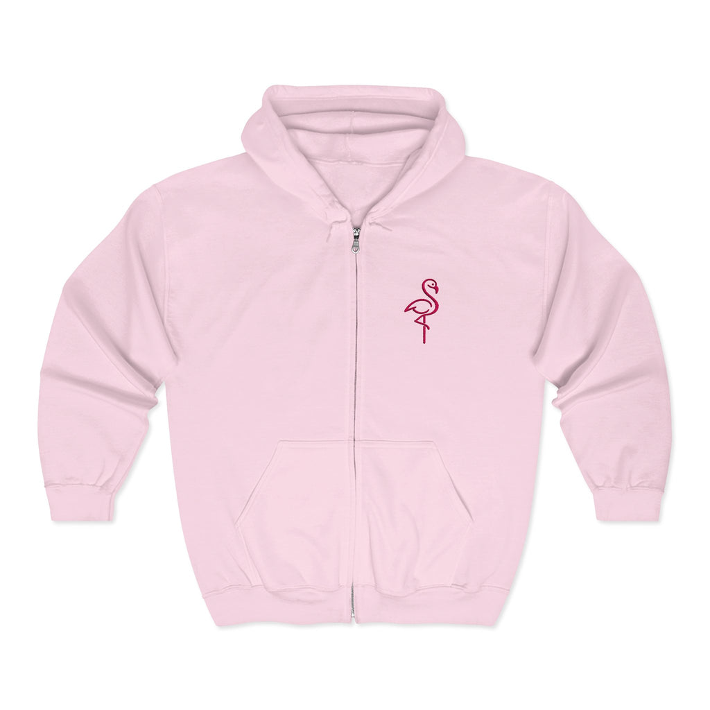 Flamingo Chest Zip Hoodie — Minimal Pink Flamingo Embroidered Zip-Up