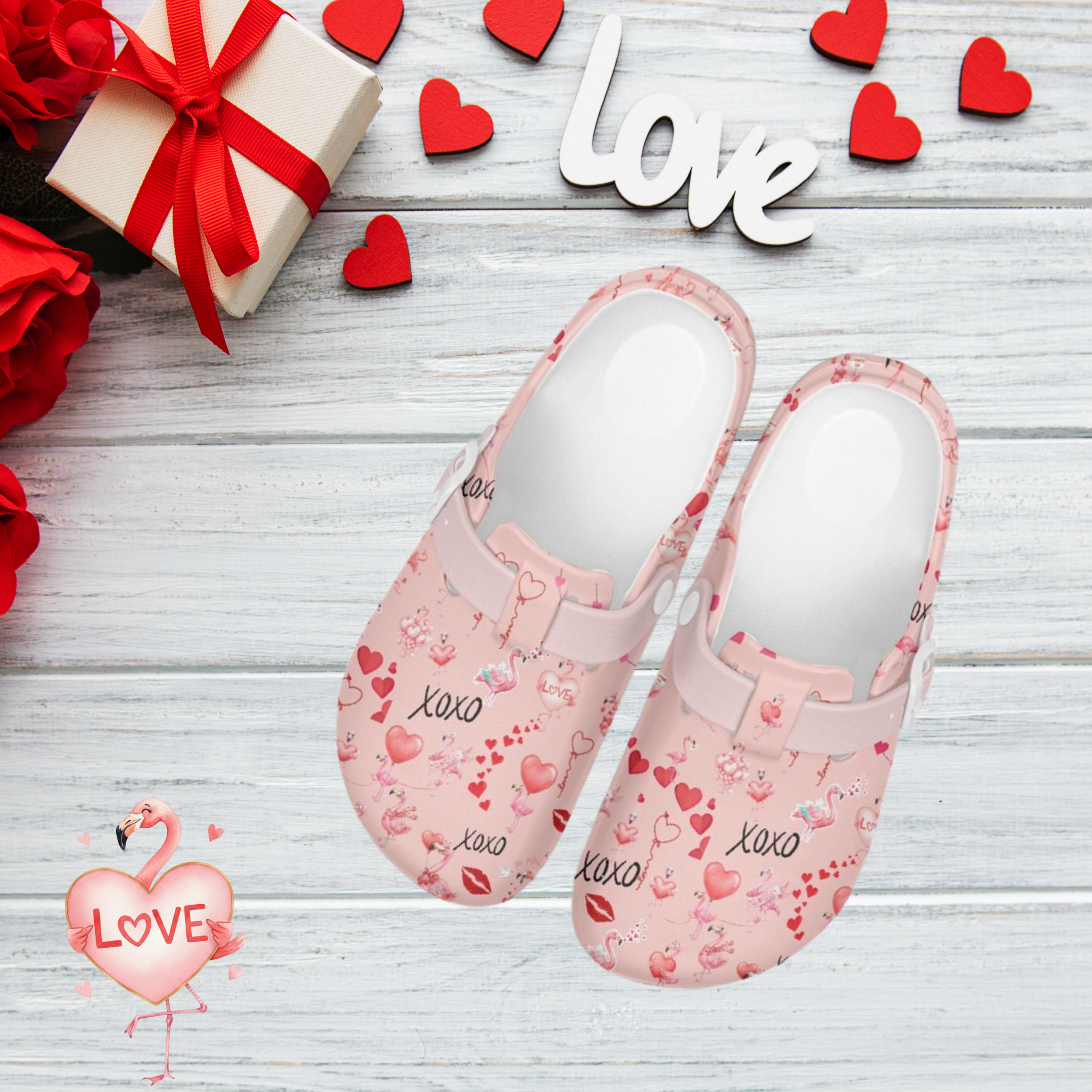 Flamingo Valentine Comfortable Work Clogs