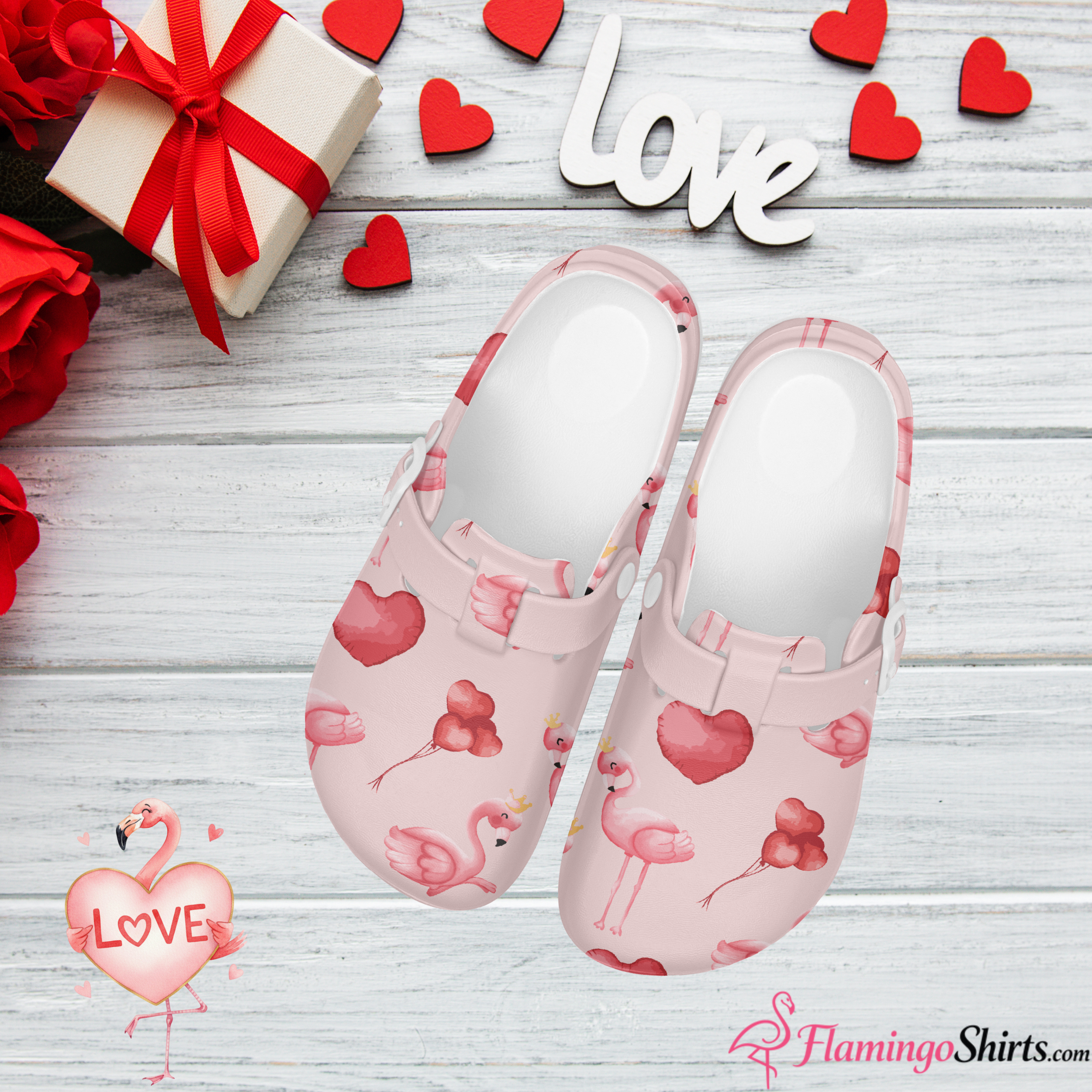 Flamingo Valentine with Hearts Clogs – Sweet Style & All-Day Comfort 💕🦩