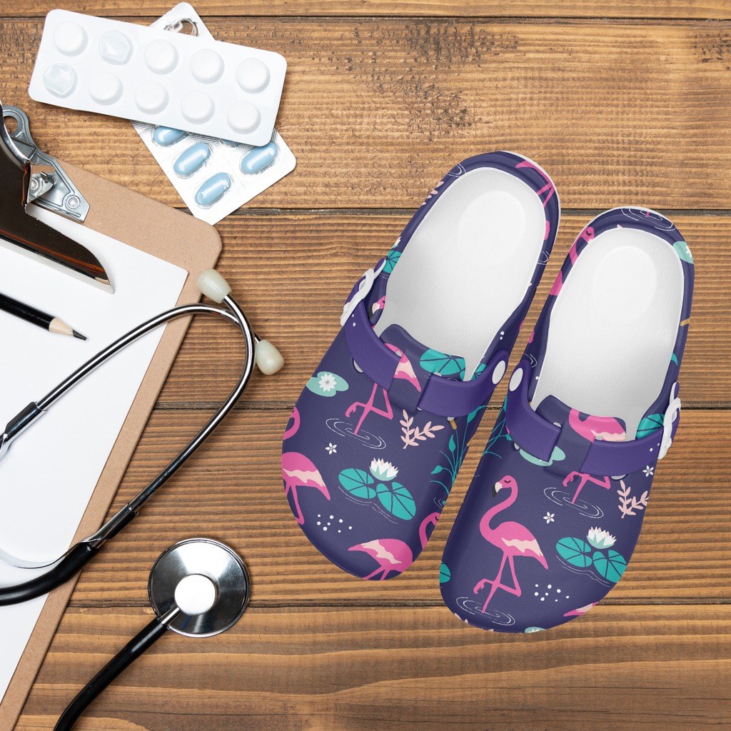 Midnight Flamingo Nurse Clogs, Slip On Comfort Work shoes