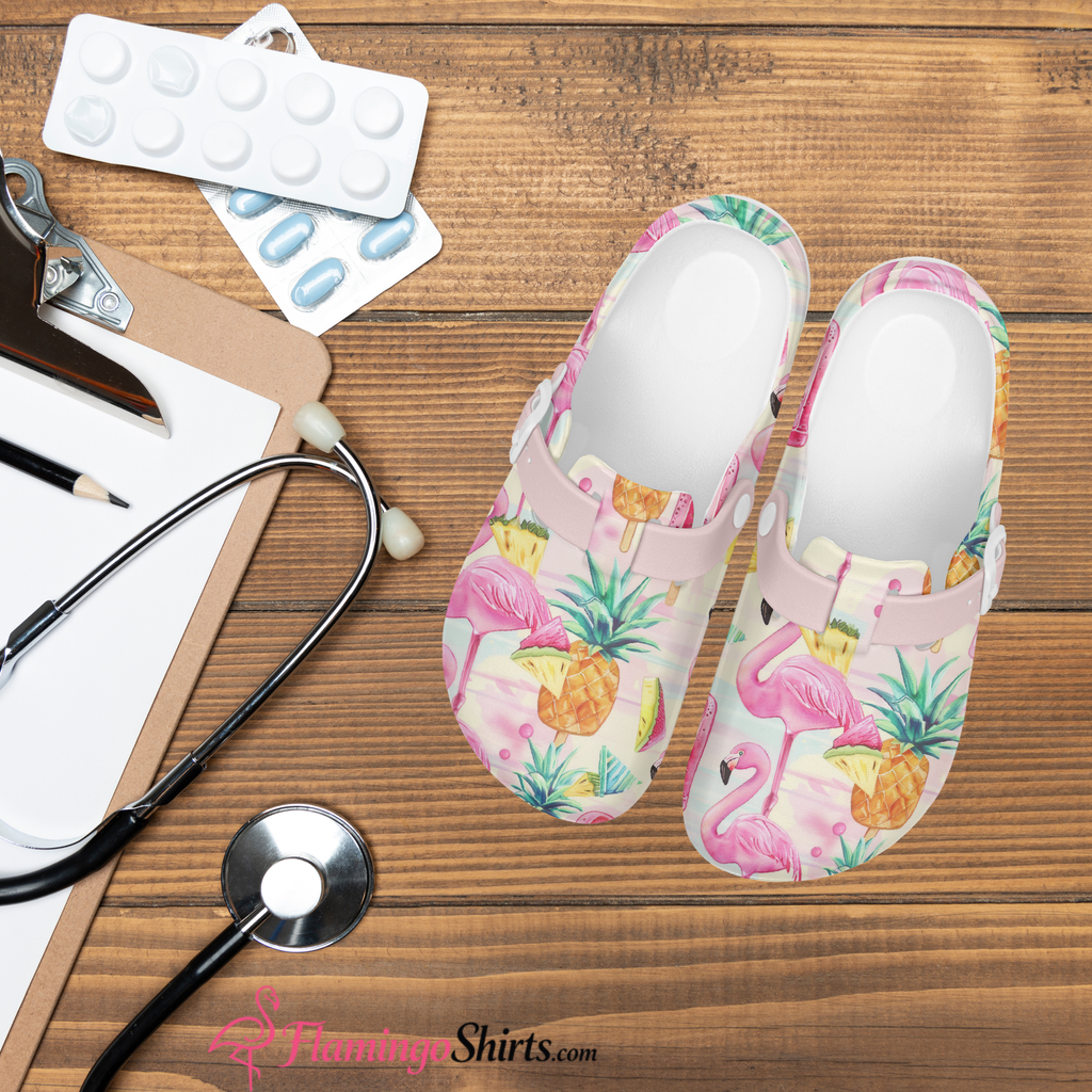 Flamingo & Pineapple Slices Summer Fun Work Clog- Fun Tropical Comfort for Sunny Days